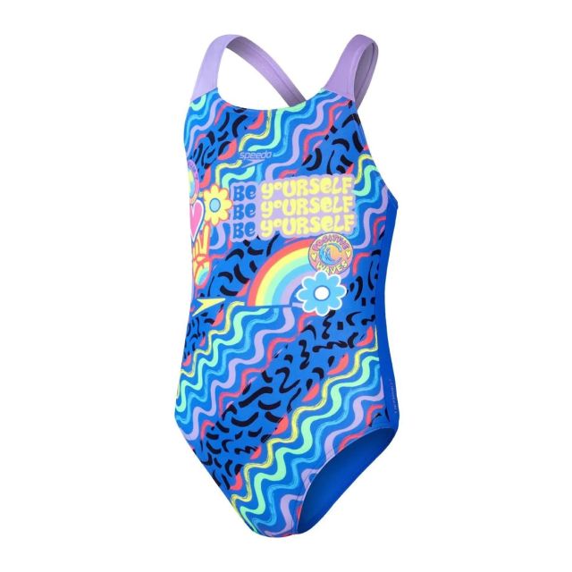 Speedo Girl's Digital Placement Splashback Swimsuit (Blue Flame-Miami Lilac-Bright Yellow-Fluo Green-Lava Red)