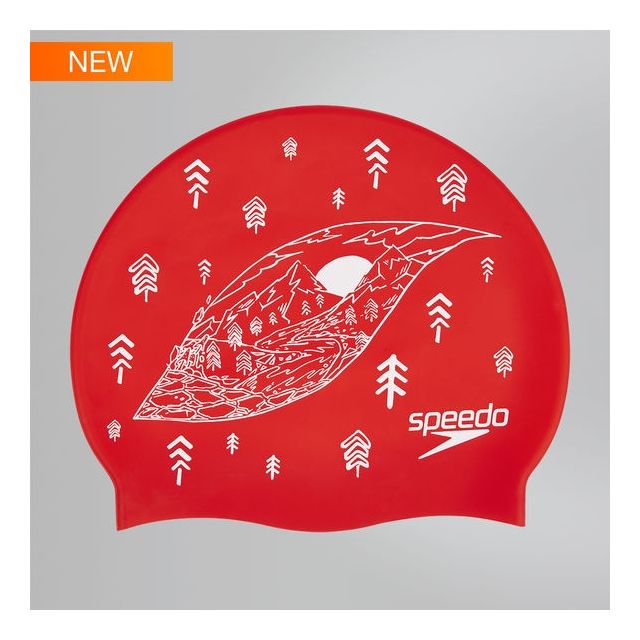 Slogan Print Swim Cap (Lava Red/White) 8-08385C352