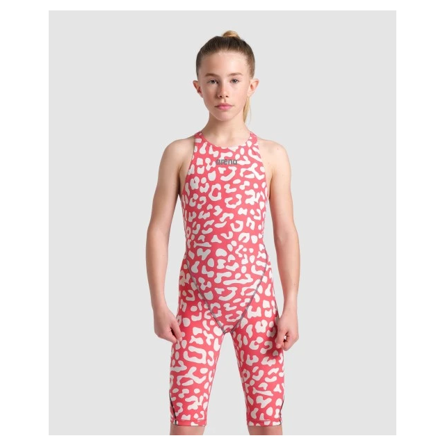 ARENA GIRLS' POWERSKIN ST NEXT LEOPARD SKIN OPEN BACK LE (878-LEOPARD SKIN GERANIUM)